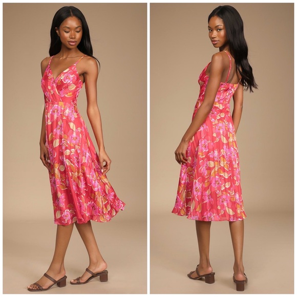 Lulus All About Love Red Floral Print Midi Dress size xs xsmall - Picture 2 of 8